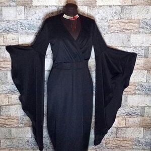Vtg Quum black Morticia Adams plunging neckline extreme bat wing midi dress 2X